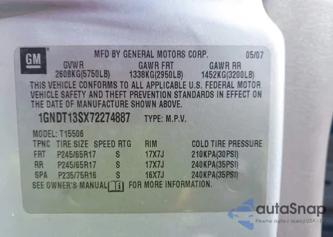 2007 Chevrolet Trailblazer Ls z USA, uszkodzony, nr VIN 1GNDT13SX72274887